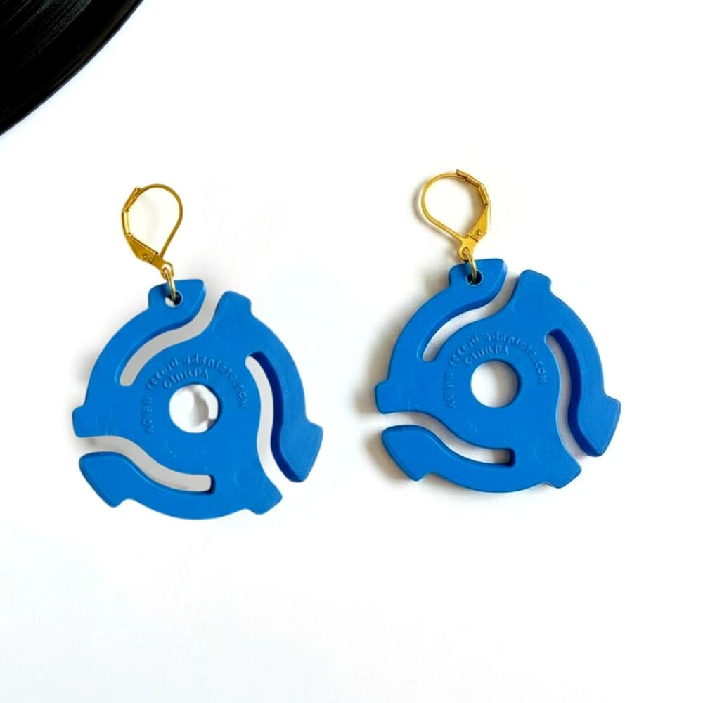 Vintage 45 RPM Record Adapter Earrings Blue Upcycled Music Jewelry